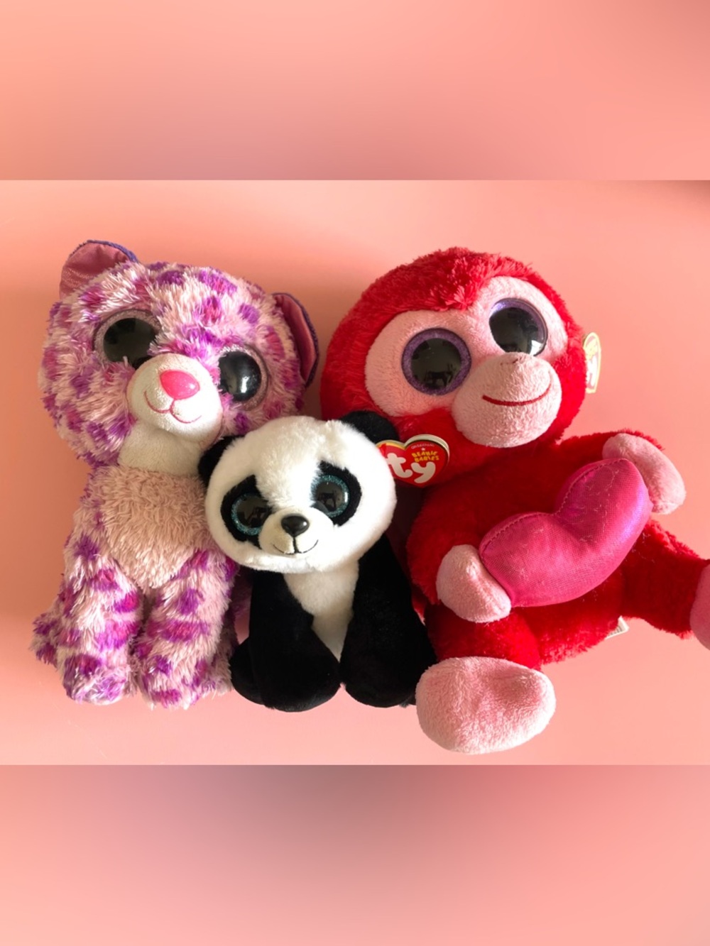 Beanie Boos Trio - Purple Leopard, Black & White Panda, Red Valentines Monkey